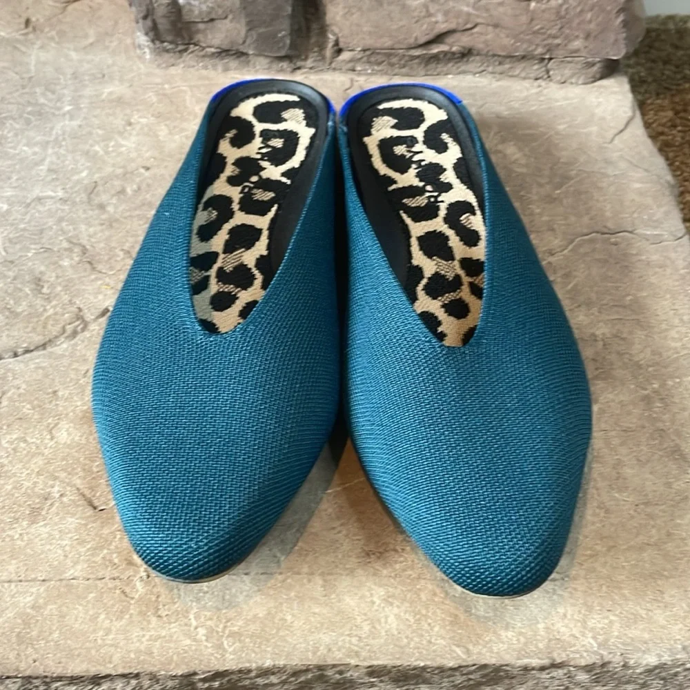 Rothy's Teal Knit Slip-On Mules with Leopard Insole - Picture 2 of 6